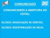 COMUNICADO EDITAL 01-2023 - NEGOCIAÇÃO DÉBITOS E 02-2023 - REDISTRIBUIÇÃO DE ÁGUA